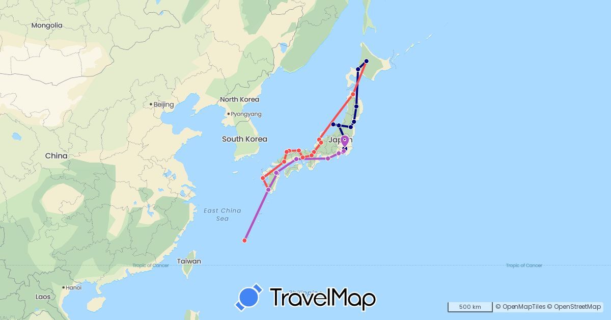 TravelMap itinerary: driving, train, hiking in Japan (Asia)